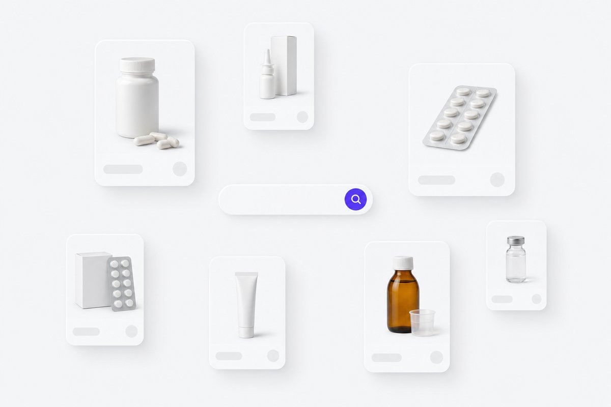 Canvas-mist shelf of floating white medicine cards with a violet search pill accent